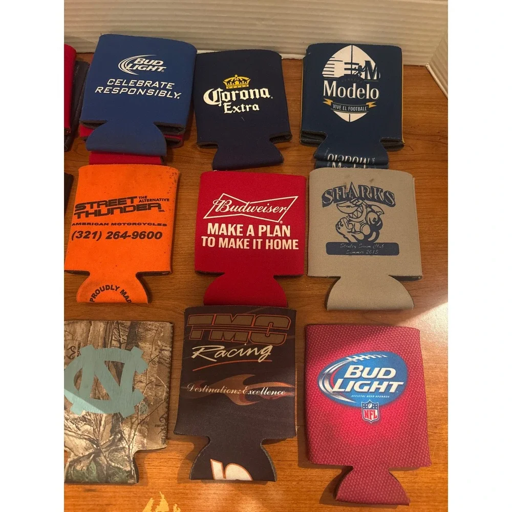 Lot of 15 Vintage Beer Soda Can Coolers Koozies Bud Light Corona Modelo UNC Camo